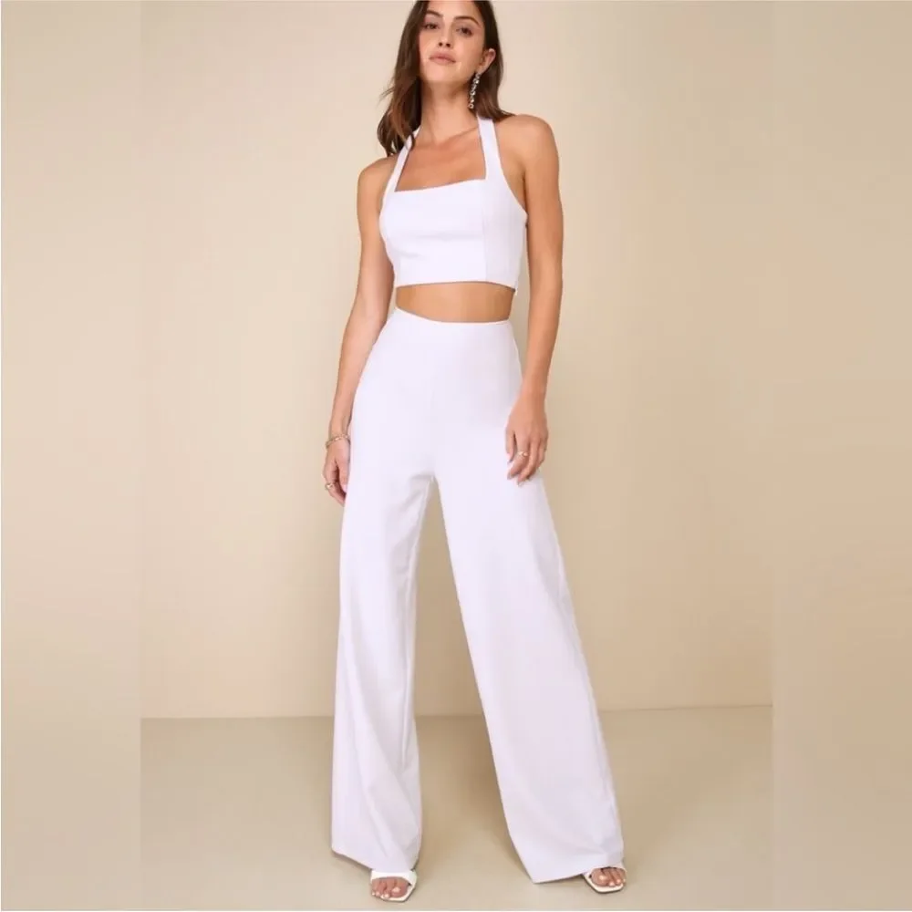 Lulus Compelling Perfection White Halter Wide-Leg Two-Piece‎ Jumpsuit